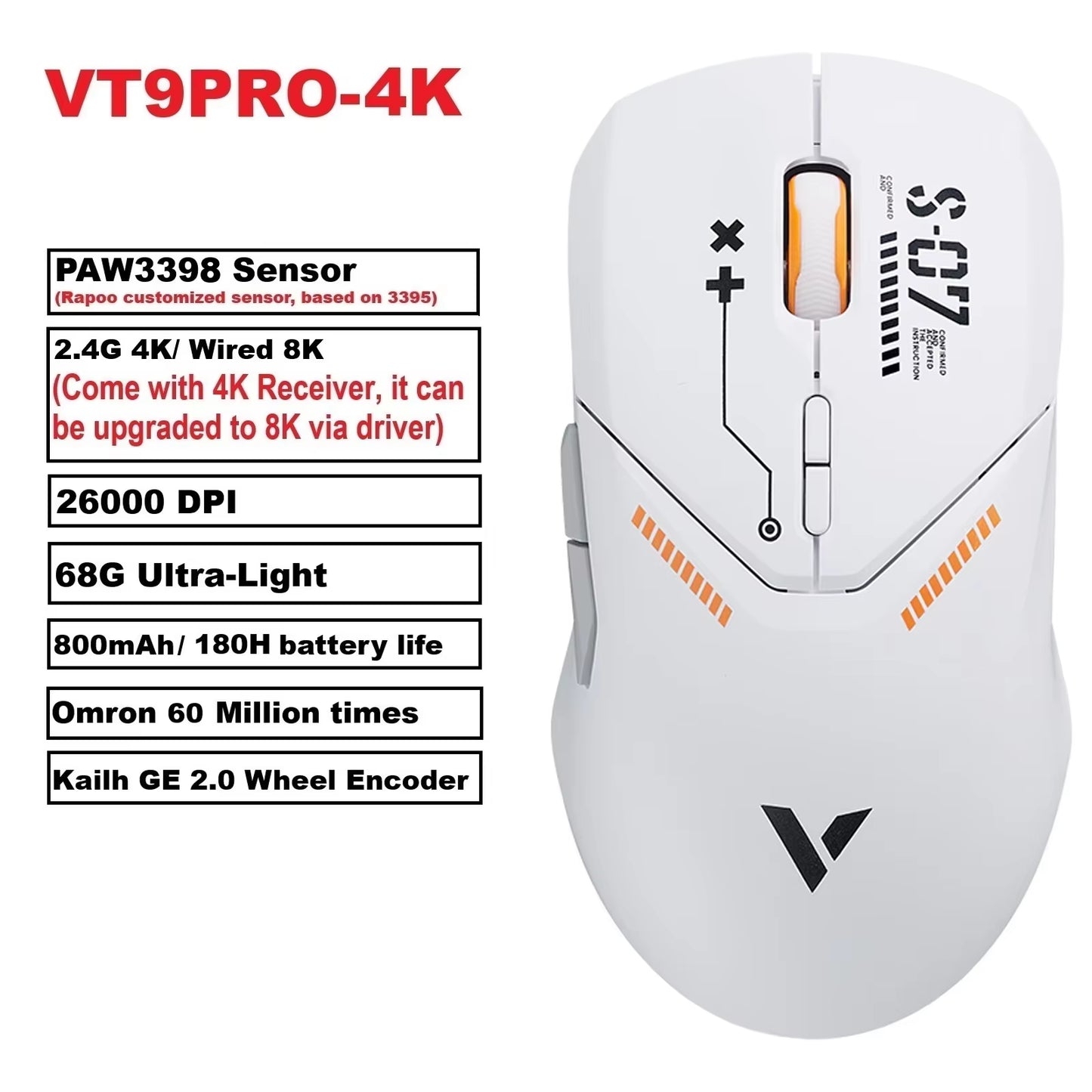VT9PRO Wireless Gaming Mouse Esports Grade 68G Ultra-Light 26000DPI 8 Buttons Optical PAW3398 Computer Mouse for Laptop PC