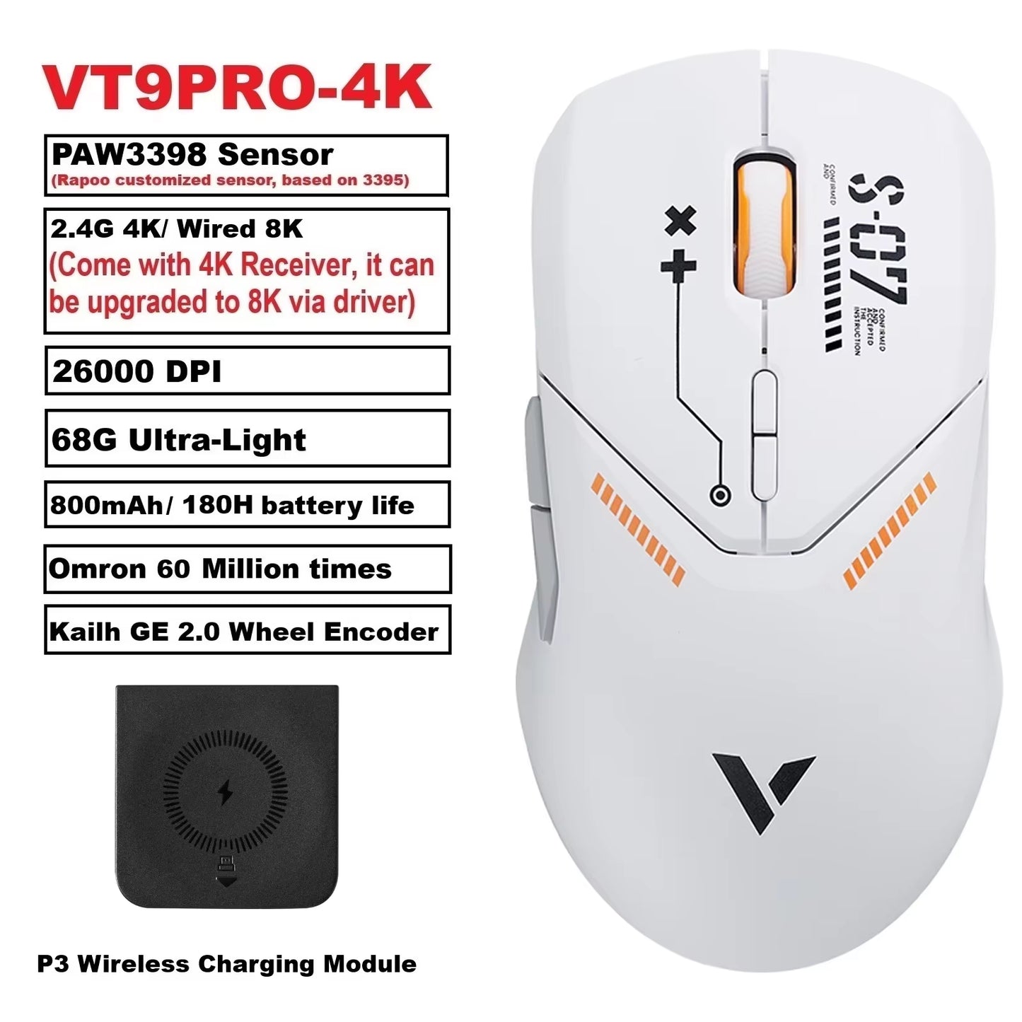 VT9PRO Wireless Gaming Mouse Esports Grade 68G Ultra-Light 26000DPI 8 Buttons Optical PAW3398 Computer Mouse for Laptop PC