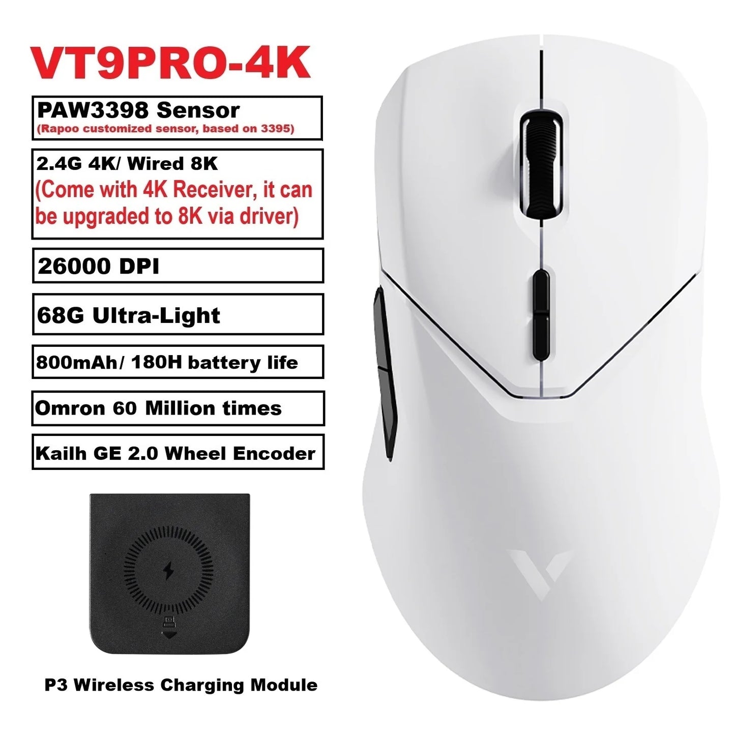 VT9PRO Wireless Gaming Mouse Esports Grade 68G Ultra-Light 26000DPI 8 Buttons Optical PAW3398 Computer Mouse for Laptop PC