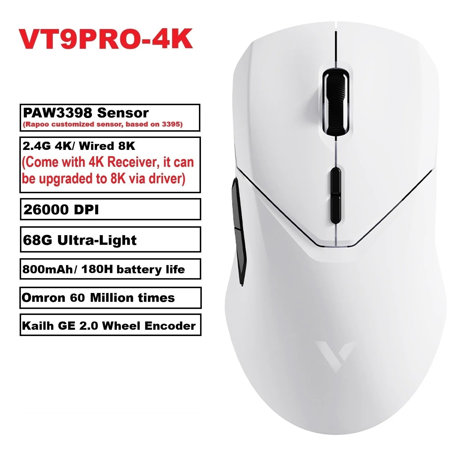 VT9PRO Wireless Gaming Mouse Esports Grade 68G Ultra-Light 26000DPI 8 Buttons Optical PAW3398 Computer Mouse for Laptop PC