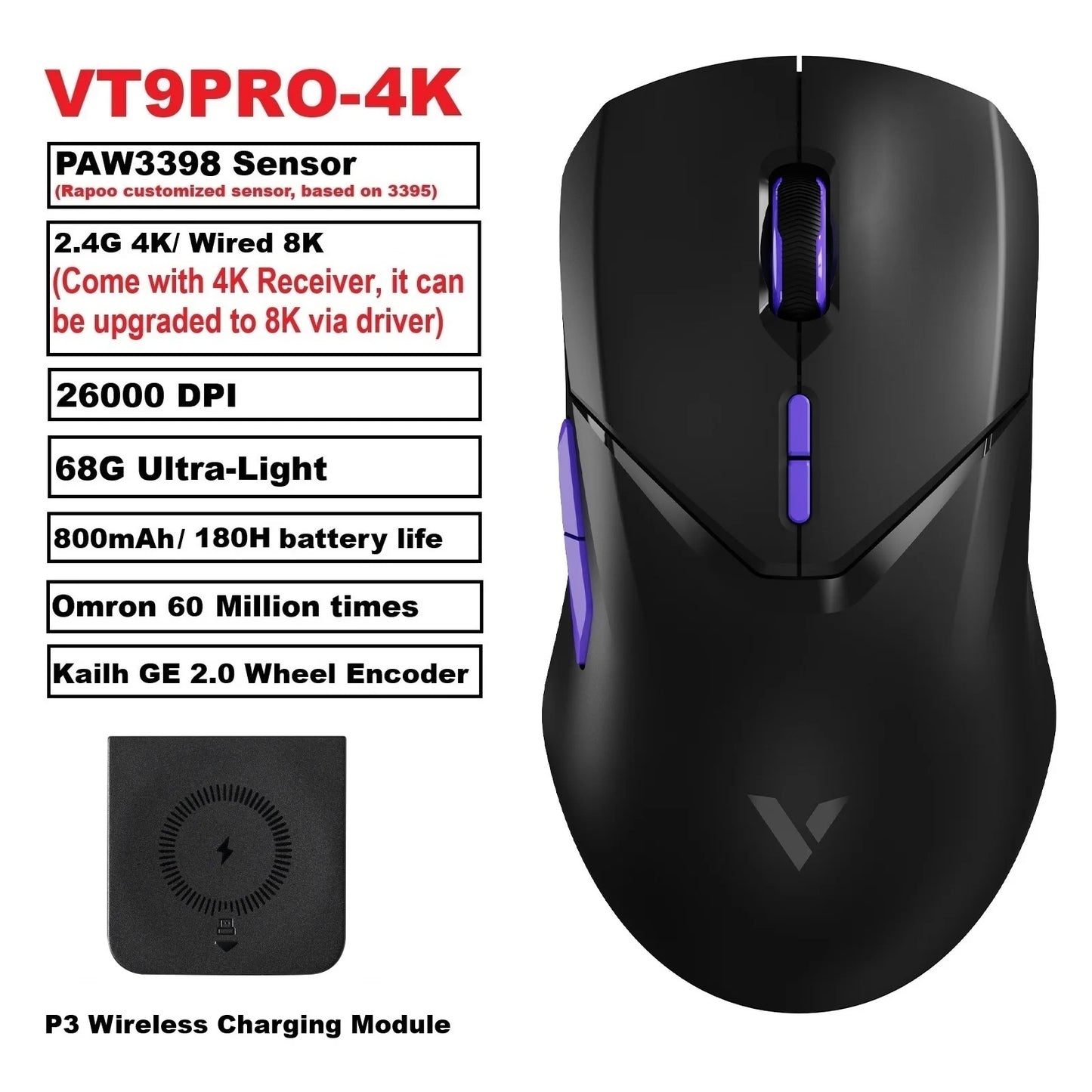 VT9PRO Wireless Gaming Mouse Esports Grade 68G Ultra-Light 26000DPI 8 Buttons Optical PAW3398 Computer Mouse for Laptop PC