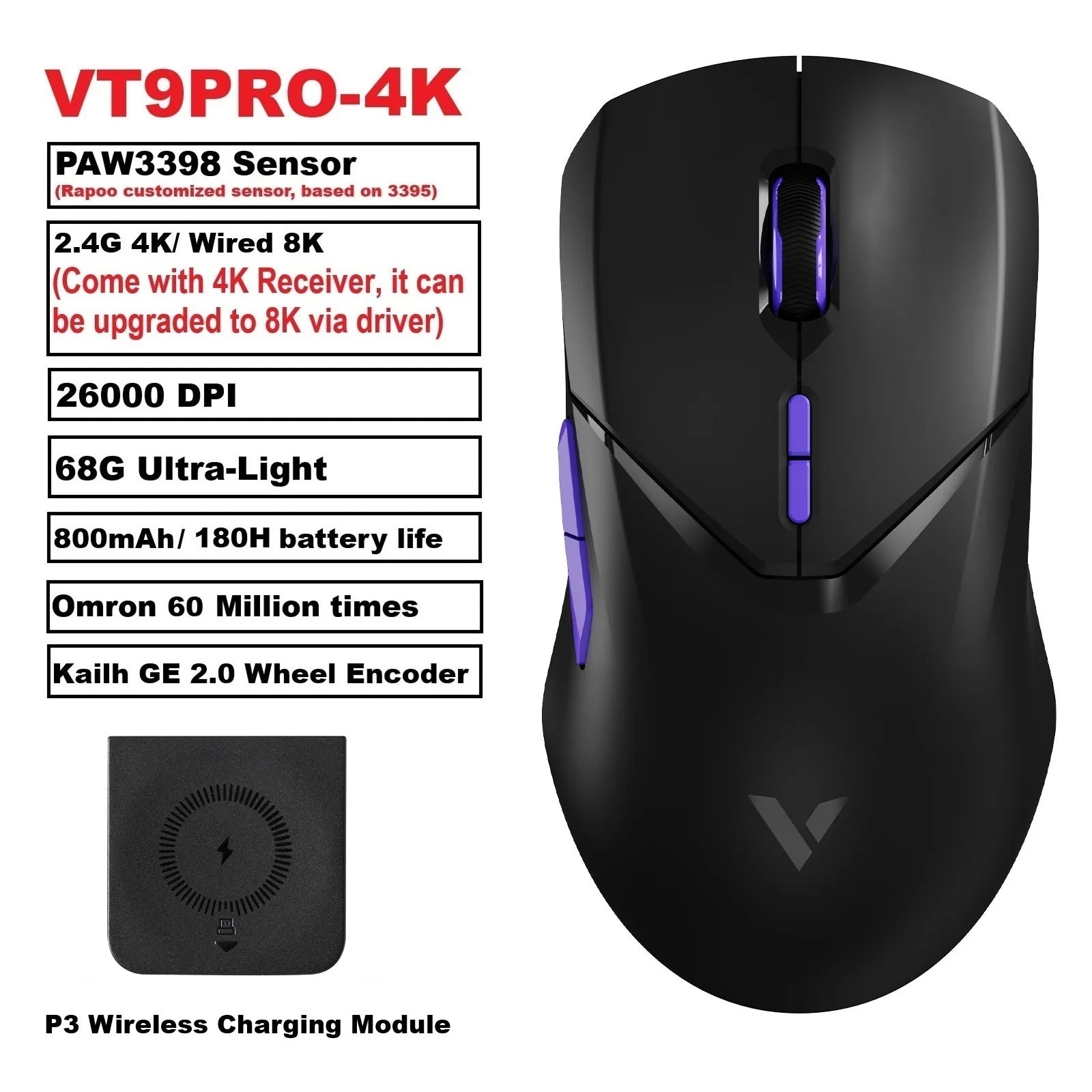 VT9PRO Wireless Gaming Mouse Esports Grade 68G Ultra-Light 26000DPI 8 Buttons Optical PAW3398 Computer Mouse for Laptop PC