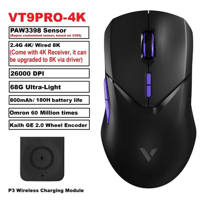 VT9PRO Wireless Gaming Mouse Esports Grade 68G Ultra-Light 26000DPI 8 Buttons Optical PAW3398 Computer Mouse for Laptop PC