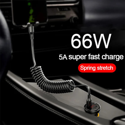 Car USB Type C/Type C to Type C/USB LIGHTNING Fast Charging Spring Telescopic Cable for Iphone 16 15 14 Samsung Xiaomi Oneplus