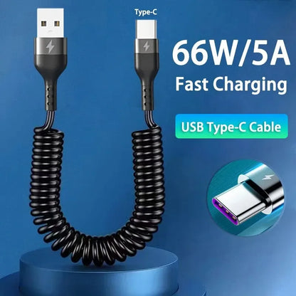 Car USB Type C/Type C to Type C/USB LIGHTNING Fast Charging Spring Telescopic Cable for Iphone 16 15 14 Samsung Xiaomi Oneplus