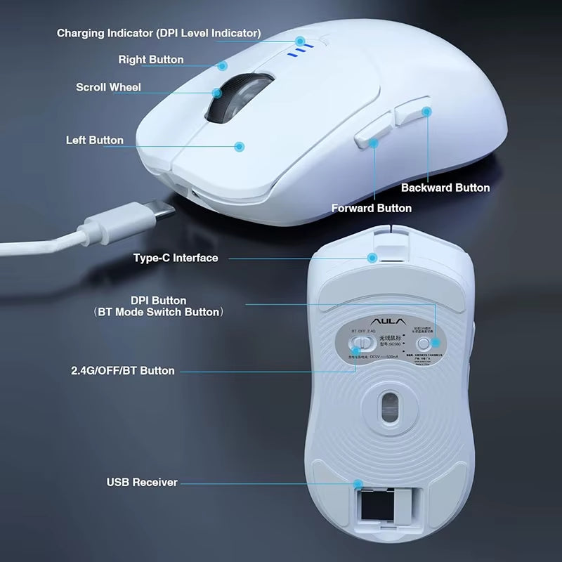 SC580 Wireless Gaming Mouse BT 5.0/2.4G/Wired 3 Mode W/ 10000 DPI PAW3325 Sensor 500Mah Battery Lightweight E-Sports Mouse