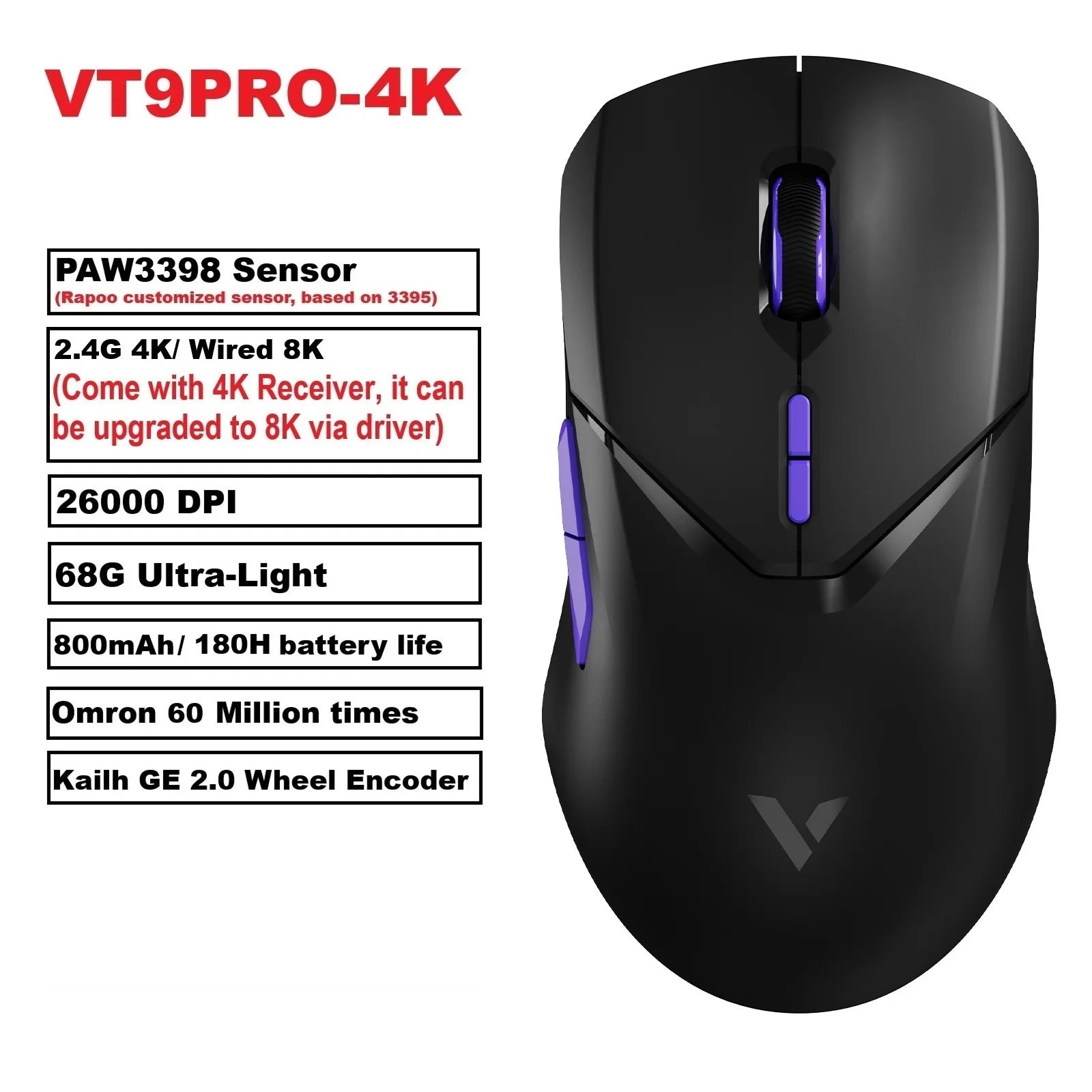 VT9PRO Wireless Gaming Mouse Esports Grade 68G Ultra-Light 26000DPI 8 Buttons Optical PAW3398 Computer Mouse for Laptop PC