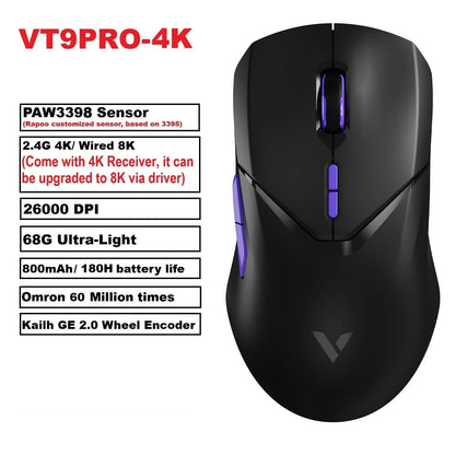 VT9PRO Wireless Gaming Mouse Esports Grade 68G Ultra-Light 26000DPI 8 Buttons Optical PAW3398 Computer Mouse for Laptop PC